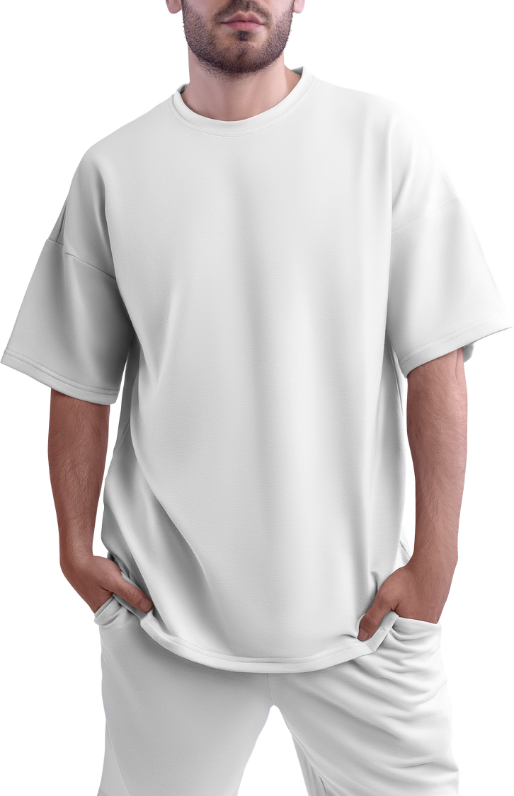 Mockup of white oversize suit, t-shirt, shorts, on guy, clothes png